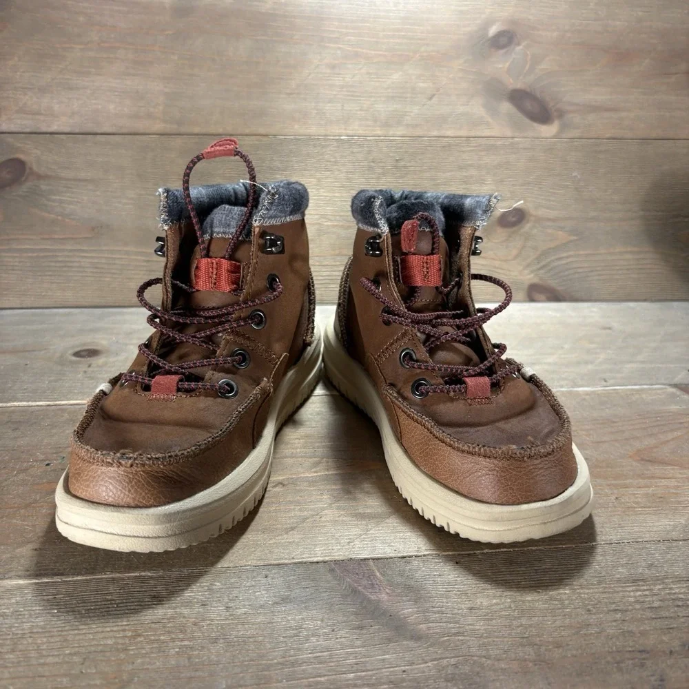 Hey Dude Bradley Boys size 12 shoes Brown Faux Leather Lined Lace Up Boots